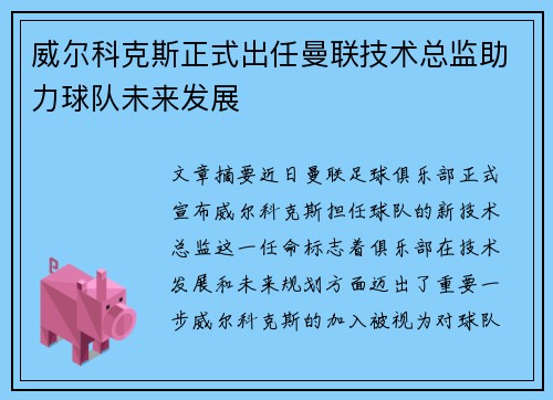 威尔科克斯正式出任曼联技术总监助力球队未来发展 威尔科克斯正式出任曼联技术总监助力球队未来发展